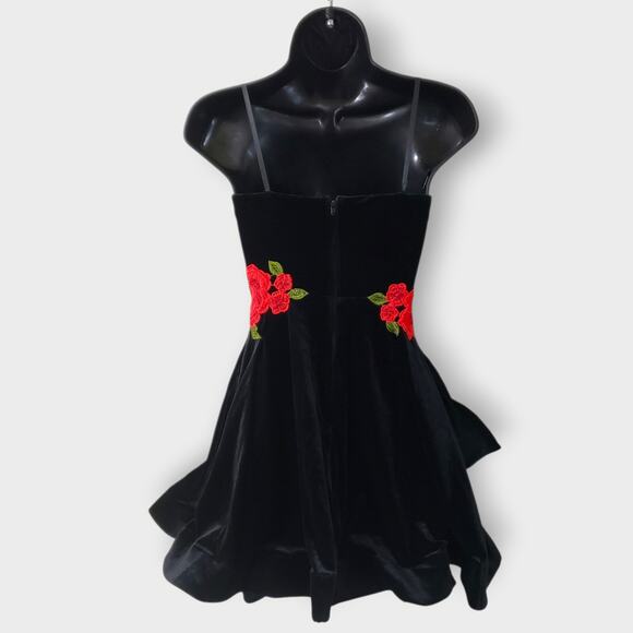 Gothic Black Velvet Red Rose Structured Mini Dress Sz 0 Y2K Dark Romance Prom - Picture 7 of 14